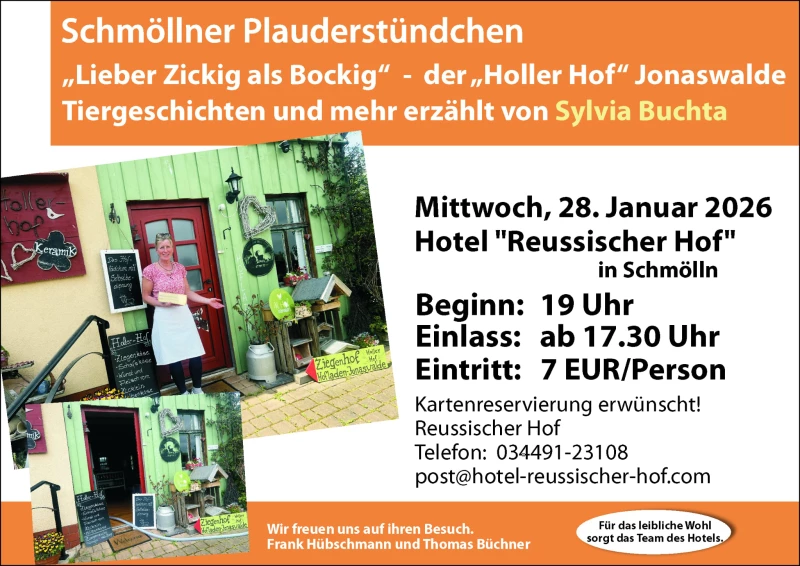 Schmöllner Plauderstündchen: „Lieber Zickig als Bockig“ – Tiergeschichten vom Holler Hof Jonaswalde | 