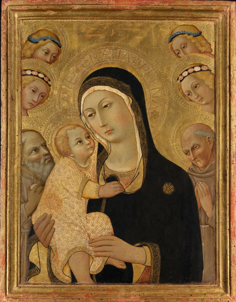 Bellissimo! – Zwei italienische Tafelbilder unter der Lupe | Sano di Pietro, Madonna mit Kind, von Engeln, dem heiligen Hieronymus und dem heiligen Bernhardin von Siena verehrt, 1460/70