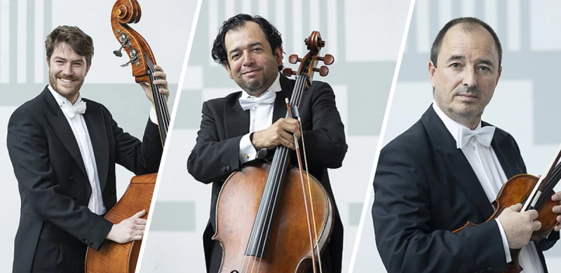 Love &amp; Peace in Nöbdenitz | v. l.: Vincent Yehudin Peterseim (Kontrabass), Jesus Antonio Clavijo (Violoncello), Johannes Neupert (Violine)