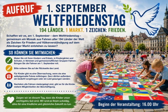 VorschauBild - Aufruf zum Weltfriedenstag: Mosaik aus 194 Länder-Fahnen in Altenburg