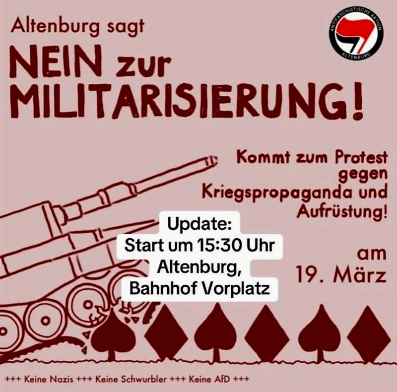 Aufruf zum Gegenprotest gegen das öffentliche Gelöbnis am 19.  März 2026 auf dem Markt Altenburg | 