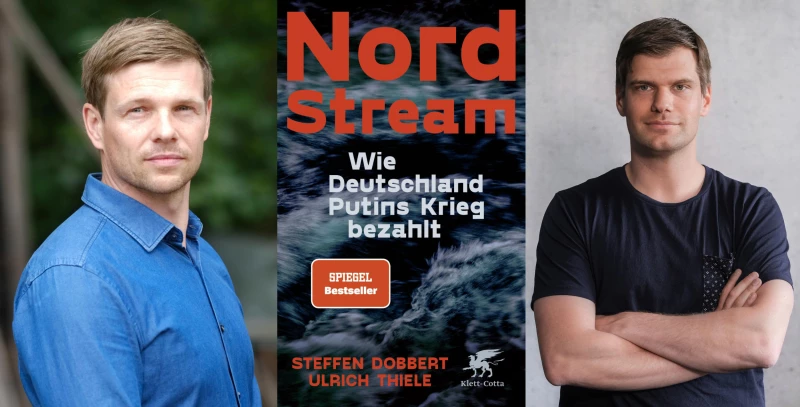 „Nord Stream. Wie Deutschland Putins Krieg bezahlt“ – Lesung in der Volkshochschule Altenburg | Steffen Dobbert (li.) | Buchcover | Ulrich Thiele (re.)