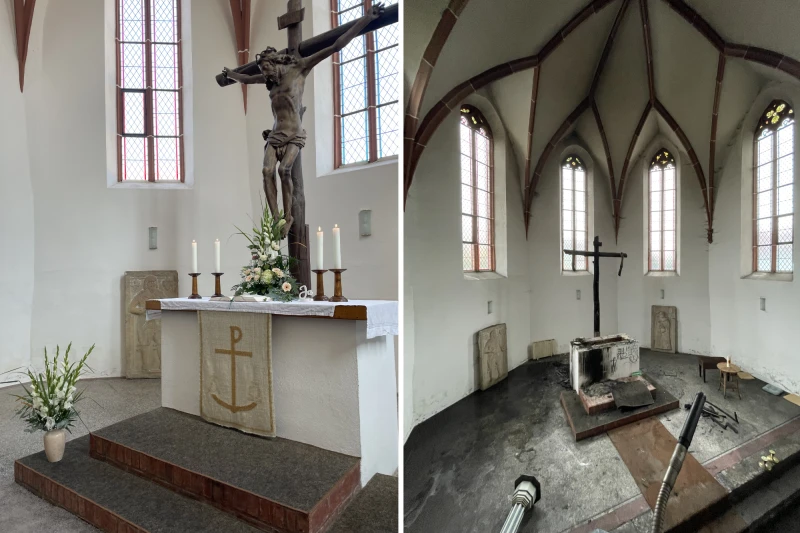 Denkmalgeschütztes Kruzifix bei Brand in Luckaer Kirche zerstört | Vergleichsbilder zum Schaden in Lucka (vorher/nachher)