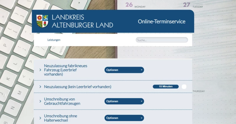 Neue Online-Terminvergabe der Kfz-Zulassungsstelle im Altenburger Land | Screenshot vom Online-Terminservice der Kfz-Zulassungsstelle.