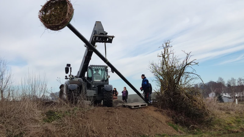 Ein Hingucker vor Pleiße und Mühlenkulisse | Mit schwerer Technik bugsiert Frank Seiler das Storchennest in die richtige Position