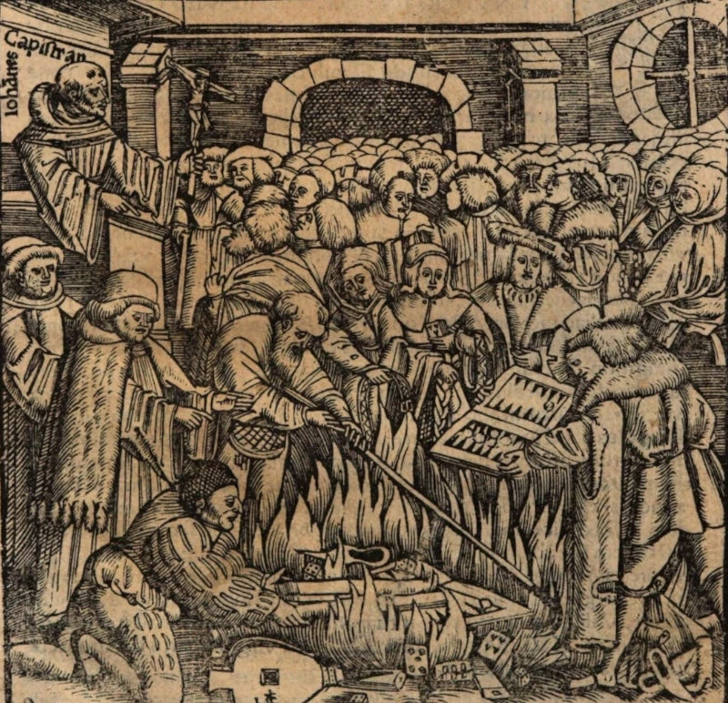 Das Gebetsbuch des Teufels – Spielkarten als Übel und Laster | Johannes Miller, Titelholzschnitt der „Vita Iohannis Capistrani, Sermones eiusdem“, 1519